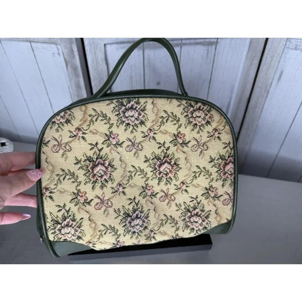 Vintage Tapestry Handbag Floral Petit Point Top Handle Purse 60s-70s Green Vinyl
